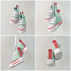 crocheted tennis shoes hanging from strings in four different ways, including one with red and white laces