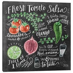 a chalkboard sign with different types of vegetables on it, including tomatoes and peppers