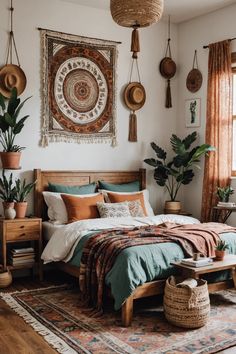 a bed room with a neatly made bed and lots of hanging baskets on the wall