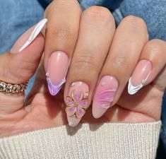 Cute Acrylic Nails Almond, Flower Designs On Nails, Summer Almond Nails 2024, 3 D Nails Designs, 3d Art Nails, Wave Nails, Summery Nails, Party Nails, Japanese Nails