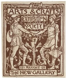 an advertisement for the arts and crafts exhibition society, with two men standing in front of a