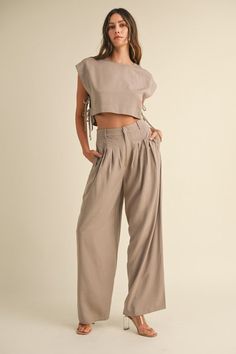 Crop top with side detail and pleated wide leg pants set in cream. Model wears size S. Pleated Wide Leg Pants, Jumpsuit Online, Small Tops, Set Dress, Leg Pants, Bridal Party, Wide Leg Pants, Pants Set, Jumpsuit Romper