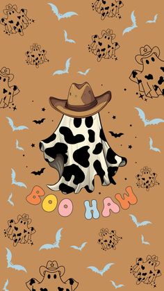 a cow with a cowboy hat on its head and bats in the sky behind it