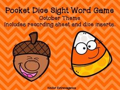 an orange chevron background with the words pocket dice sight word game and two cartoon acorns