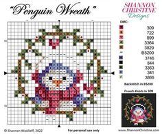 a cross stitch pattern with the words penguin wreath on it