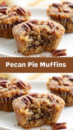 pecan pie muffins on a white plate with the words pecan pie muffins above them