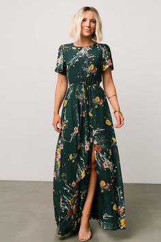 Naomi Short Sleeve Maxi Dress | Dark Green Floral - Baltic Born Green Printed Maxi Floral Dress, Green Short Sleeve Dress For Brunch, Chic Green Short Sleeve Maxi Dress, Chic Green Maxi Dress With Short Sleeves, Green Floral Maxi Dress For Garden Party, Green Fitted Maxi Dress With Flutter Sleeves, Green Flutter Sleeve Maxi Dress For Vacation, Green Flutter Sleeve Maxi Dress For Summer, Green Maxi Dress With Floral Print And Flutter Sleeves