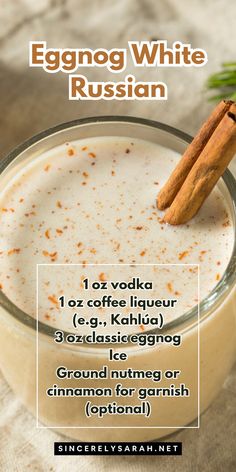 an eggnog white russian drink in a glass with cinnamon on the top and bottom