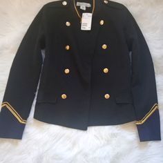 H&M Woman's L.O.G.G. Brand Jacket Black/ Blue Sz 4 Winter Military Style Blazer For Workwear, Fall Double-breasted Uniform Blazer, Military Style Fall Blazer For Workwear, Navy Uniform Style Winter Outerwear, Military Style Blazer For Workwear In Fall, Fall Uniform Blazer With Pockets, Black Winter Uniform Outerwear, Fall Uniform Style Blazer With Pockets, Black Winter Uniform Style Blazer