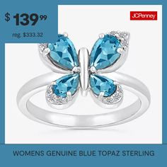 Ring Style: Cocktail RingsSetting: ProngShape: Butterfly, AnimalsStone Cut: PearStone Millimeter Measurement: 6 Mm Length, 4 Mm WidthMetal Color: WhiteRing Top Length: 5.1mmRing Top Width: 11.6mmBand Width: 2mmCare: Wipe CleanStone Type: 4 Genuine Blue Topaz, 12 Lab Created SapphireAuthenticity: Genuine StoneBirthstone: December BirthstoneMetal: Sterling SilverCountry of Origin: Imported Topaz Ring With Gemstone Accents For Anniversary, Crystal Topaz Ring With Accent Stones, Blue Topaz Diamond Ring With Center Stone, Fine Jewelry Blue Topaz Crystal Ring, Blue Birthstone Ring With Gemstone Accents, Butterfly Cocktail, 2 Rings, Ring Color, Silver Butterfly