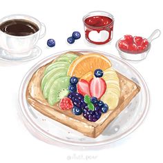 a plate with fruit on it next to a cup of coffee and saucer filled with berries