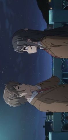 two anime characters standing next to each other in front of a blue sky at night