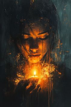 a painting of a woman holding a lit candle in her hands and looking down at the ground