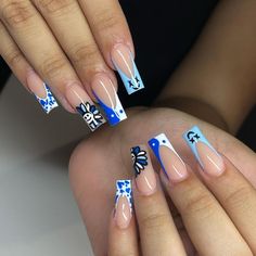 Space Themed Nails Acrylic, Nail Designs For School, Blue Acrylic Nails, Girly Acrylic Nails