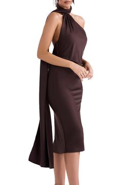 Brown Midi Dress Outfit, Brown Elegant Dress, Drapery Dress, Brown Satin Dress, Civil Dress, Brown Halter Dress, Fashion Study, Brown Cocktail Dress, Chocolate Brown Dress