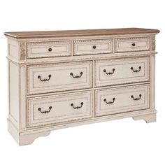 an old white dresser with drawers and knobs on the bottom drawer, against a white background