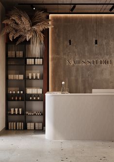 the front desk of a nail studio with palm trees in the background