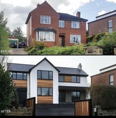 before and after shots of a two story brick house with wood siding on the windows