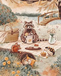 a painting of a raccoon sitting at a picnic table with food and flowers