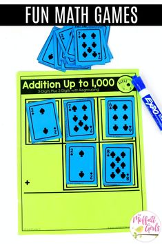 the addition up to 10, 000 fun math game for kids with blue cards and markers