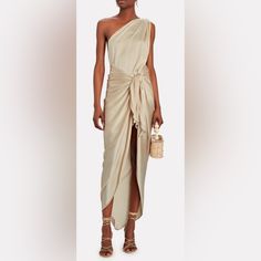 New With Tags, Never Worn Open-Back Adjustable Shoulder Strap With Slider No Zipper Or Hooks, Just Slip It On! Ties At The Waist For A Perfect Fit Satin-Like Rigid Fabric With A Silky-Smooth Texture Drapes Beautifully For An Elegant Look Beige Draped Dress For Cocktail, Beige Draped Cocktail Dress, Elegant Draped Dress For Vacation, Elegant Draped Maxi Dress For Vacation, Silk Beige Vacation Dress, Beige Draped Summer Dress, Summer Draped Beige Dresses, Beige Silk Dress For Vacation, Baobab Collection