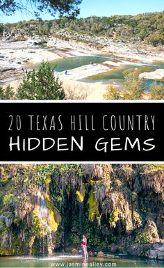 two photos with the words, 20 texas hill country hidden gems in front of them