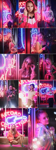 a collage of photos with neon lights in the background