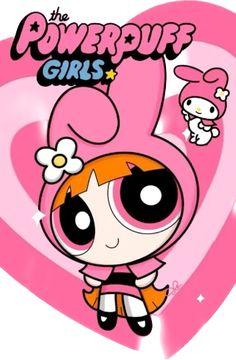 the powerpuff girls cartoon character with pink hair and black eyes, standing in front of a heart