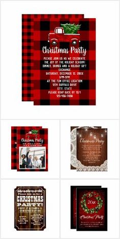 the christmas party flyer is shown with red and black plaid patterns, including an image of a