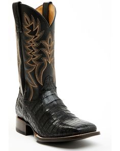 Exotic caiman belly vamp with leather upper. 12" shaft height. Solid black design. Broad square toe. Stockman heel. Western Black Boots With Crocodile Pattern, Black Western Boots With Crocodile Pattern, Fitted Western Boots With Crocodile Pattern, Modern Cowboy, Mens Cowboy, Mens Cowboy Boots, Heel Caps, Rubber Heels, Black Design