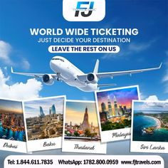 an advertisement for the world wide ticketing contest with pictures of planes and buildings in front of them