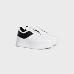 Celine Block Sneaker, High Top Wedge Sneakers, Wedges Sneakers, Celine Shoes, Black And White Shoes, Leather Cuts, White Sneakers Women, Woman Shoes, Wedge Sneakers