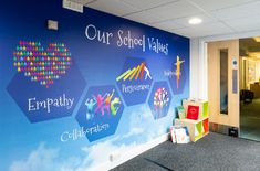 an office wall painted with colorful graphics on it's sides and the words our school walks