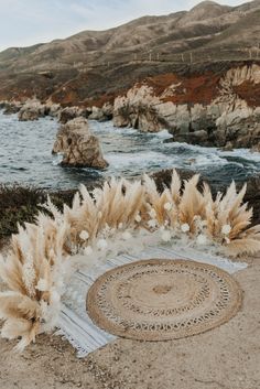 an area rug on the beach with some plants in front of it and mountains in the background