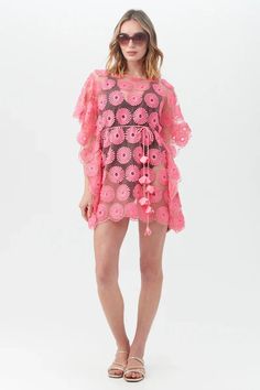 TRINA TURK - $198.00 | Sunshine-ready color adorns soft crochet in this stylish belted swim cover-up caftan with an adjustable belt, sheer lace crochet, a decorative scalloped hem, and a relaxed fit. Pair this colorful crochet caftan cover-up with a bright swimsuit for chic, vacation-ready style. #trinaturk #AD #pinkcaftan Bright Swimsuit, Caftan Dress, Scalloped Hem, Trina Turk, Dress Silhouette, Cover Up Dress, Sheer Lace, Womens Swimwear, Dress To Impress