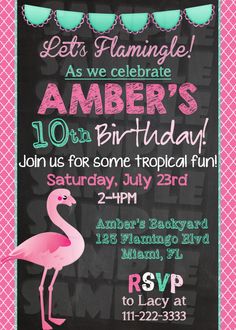 a pink flamingo birthday party card