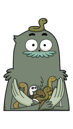 an image of a cartoon character with many hands on his chest and eyes wide open