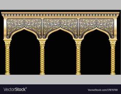 an ornate gold and black arch with arches in the middle, on a black background