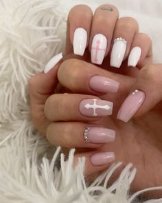 Christian Nails Ideas, Church Nails Designs, Nail Inspo With Cross, Nails With A Cross Design, God Nails Design, Baptism Nails Ideas