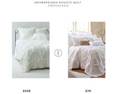 two pictures of white bedding and pillows with the same price tag on them, one is