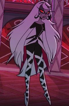 an anime character with long white hair and red eyes standing in front of a mirror