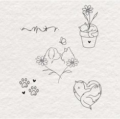 an ink drawing of cats and flowers on paper with hearts, paw prints, and butterflies