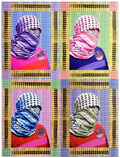 four squares with different colors and patterns on them, each featuring an image of a woman's head wearing a headscarf