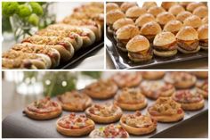 several pictures of different types of food on trays, including mini sandwiches and burgers