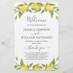 the lemon tree wedding welcome card is shown in green and yellow with leaves on it