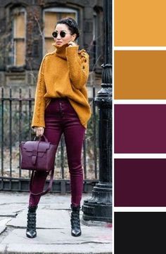 Warm Fall Color Palette Outfits, Dark Autumn Outfits Style, Complementary Colors Fashion, Mustard Turtleneck, Mustard Outfits, Autumn Color Palette Fashion, Theatrical Romantic, Burgundy Outfit