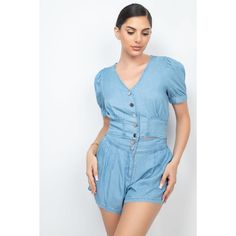 2 Pcs Button-Front Chambray Denim Top And High Waisted Shorts Set Size M And L True To Size 100% Lyocell Great Breathable Material Light Denim Spring Summer Casual Look Top Slightly Cropped A Woven Denim Top Featuring A V-Neckline, Front Button Closure, Short Puff Sleeves With Cuffed Hem, Ruched Detail At The Back, And A Cropped Length A Pair Of Woven Denim Shorts Featuring Front Slant Pockets, Pleated Details, Elasticized Waistband At The Back, And A Front Zipper With Double Button Closure Butt Top And Shorts Set, Light Denim, Shorts Set, Denim Top, Online Womens Clothing, Puff Sleeves, Denim Women, Front Zipper, Chambray