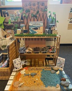 an assortment of items on display in a room with many baskets and other things around it