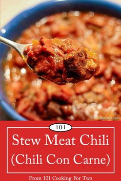 This easy Texas-style Stew Meat Chili recipe, also known as chili con carne, has tender chunks of beef and beans in a delicious tomato sauce with multiple peppers and a touch of heat I love. It's a simple small-batch recipe made on the stovetop or in any size crock pot, from a 2-quart mini to a full-size one.