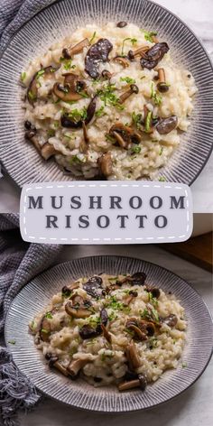 mushroom risotto with parsley on the top and mushrooms on the bottom in two separate plates